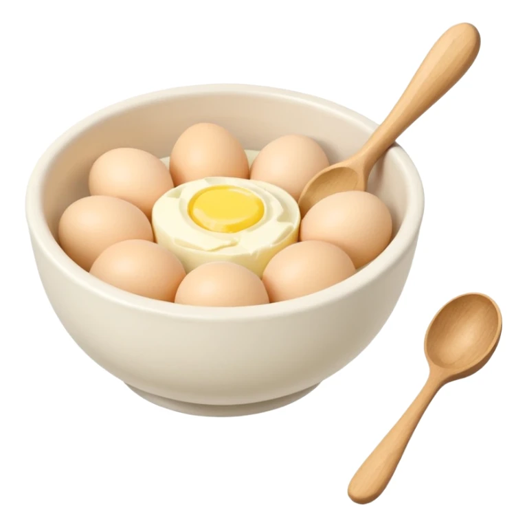 a dozen eggs, a ceramic mixing bowl with a wooden spoon and a plate of butter sticker