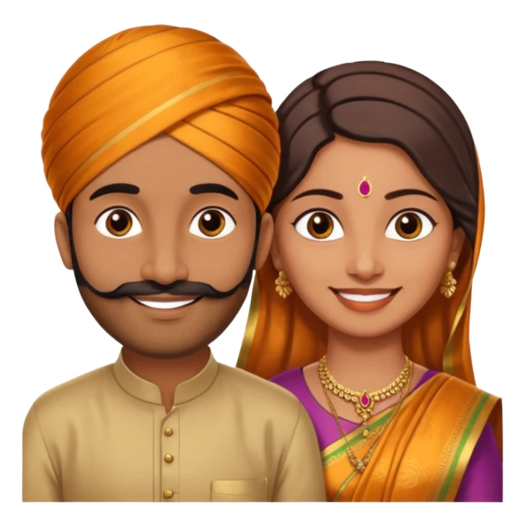 Brown colored South Indian Husband with wheatish colored South Indian wife where Husband does not wear a turban and wife wears a Silk Saree sticker