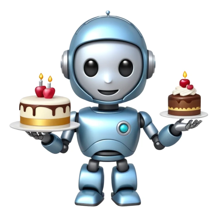 The cute robot is holding dessert in its hands, 3d emoji sticker