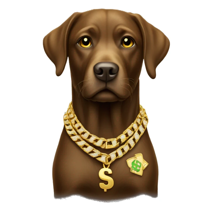 brown labrador with a golden thick necklace like a rapper with a dollar sign in gold iced out with diamonds sticker