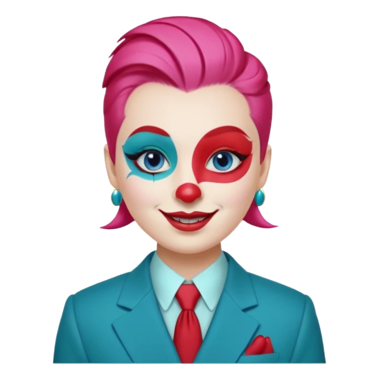 Pink slicked-back hair.

White face paint with blue eyebrows and eye makeup.

Big red nose and wide smile with red lipstick.

Wearing a teal suit with a yellow shirt and red buttons. sticker