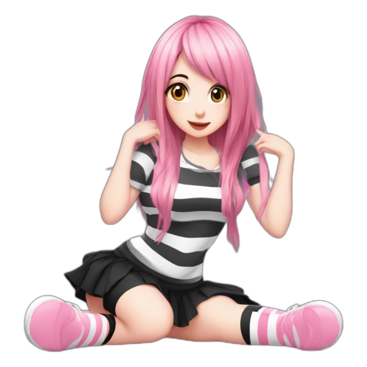 Full body Front view curvy emo girl sits on the floor straight view hands up black skirt striped stockings pink shorts sticker
