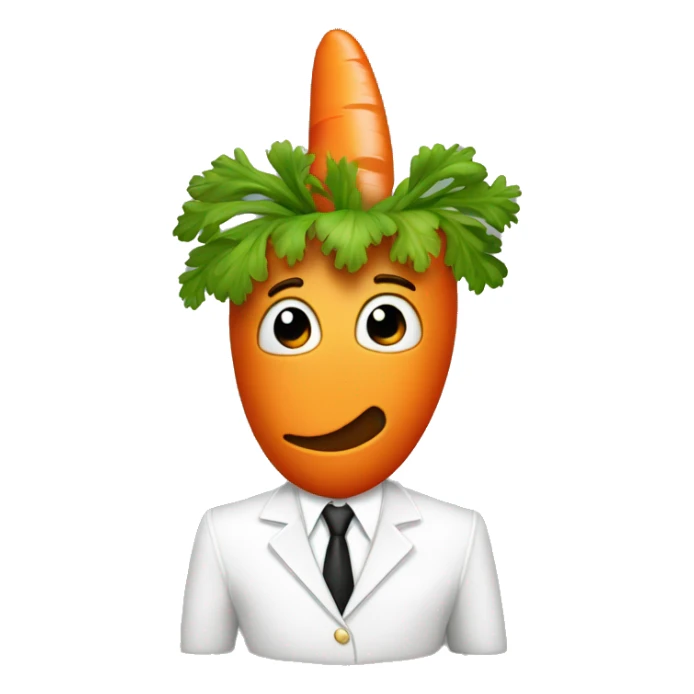 A carrot that’s alive in a white suit with brown elvis hair sticker