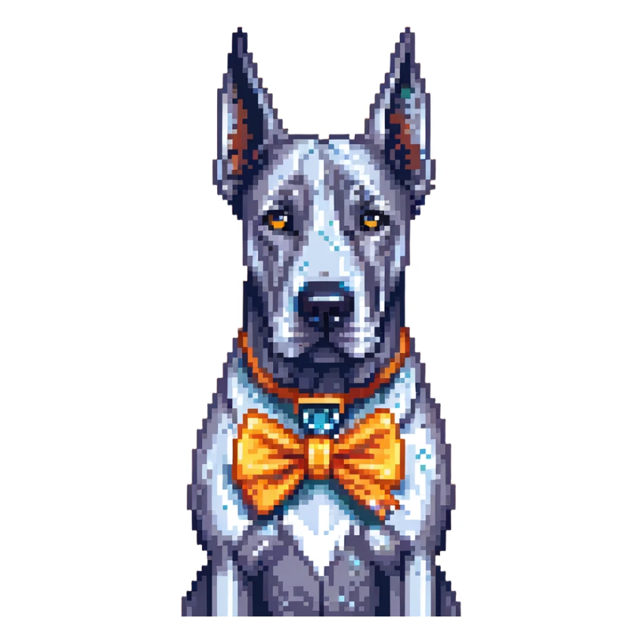 Blue Great Dane dog with a sparkly bow on its ear, pixel art style sticker