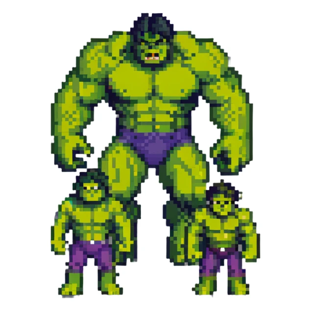 Classic Savage Hulk, Gray Hulk, and Professor Hulk forms in 8-bit style sticker