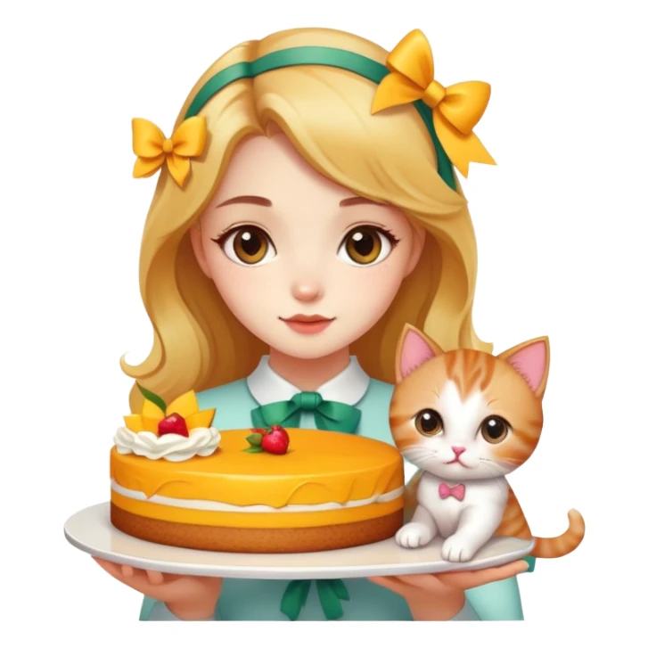 A beautiful girl holding a mango cake and a cute kitten with a bow sticker