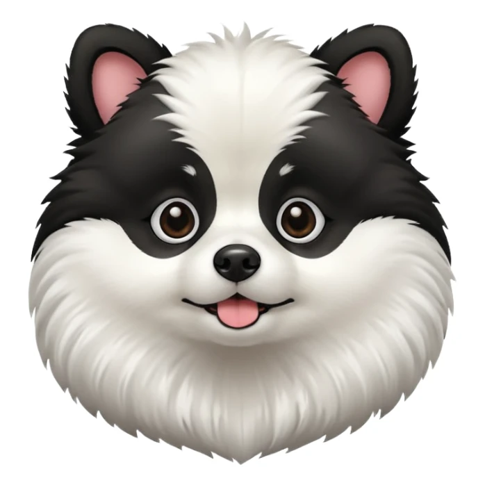 Dog pomeranian but hes like a panda the color and everything he has all black face but in the middle and nose part is white sticker