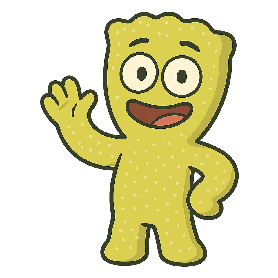 a sour patch kid character waving, cartoon style, bright colors, cheerful sticker