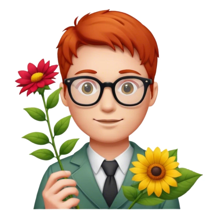 a red head man with glasses holding a flower  sticker