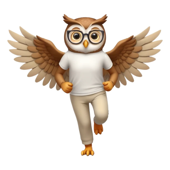 friendly anthropomorphised owl with wings instead of arms, in pants and a shirt, wearing glasses, jogging upright, relaxed pose sticker