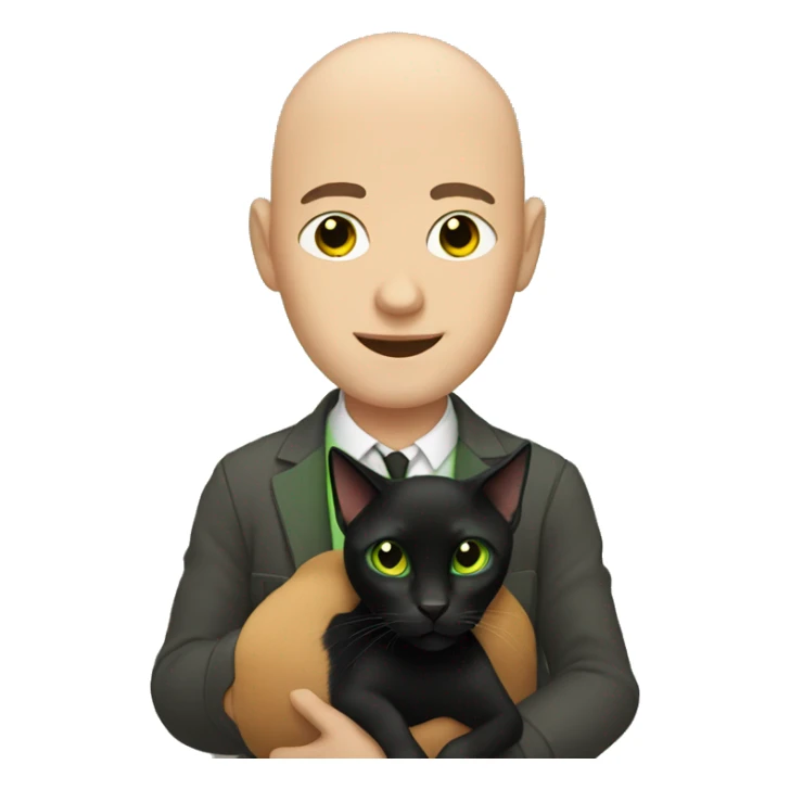 Bald brown eyed man holding a green eyed black cat sticker