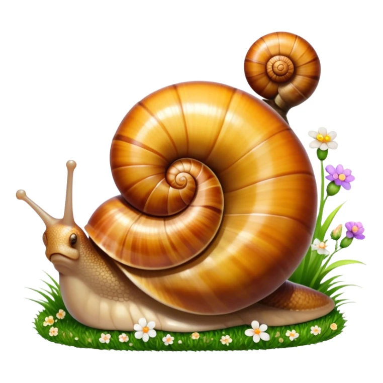 Close-up of large home snails inside a terrarium, showcasing their soft, spiral shells and glistening bodies, with a gentle light highlighting their details. With stones and grass and flowers. Transparent background. sticker