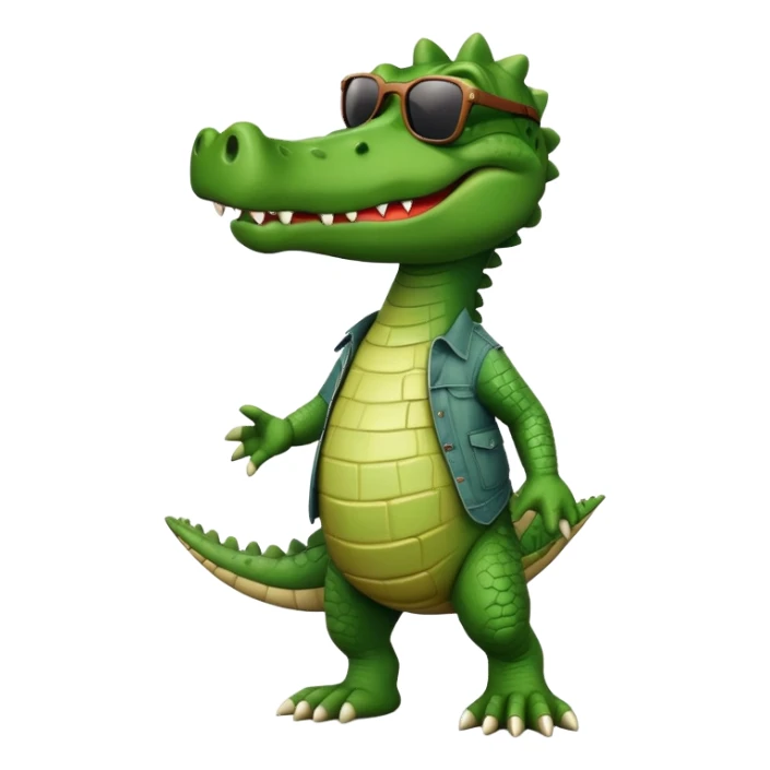 friendly anthropomorphised crocodile in casual clothing, wearing dark sunglasses, walking upright, relaxed pose sticker