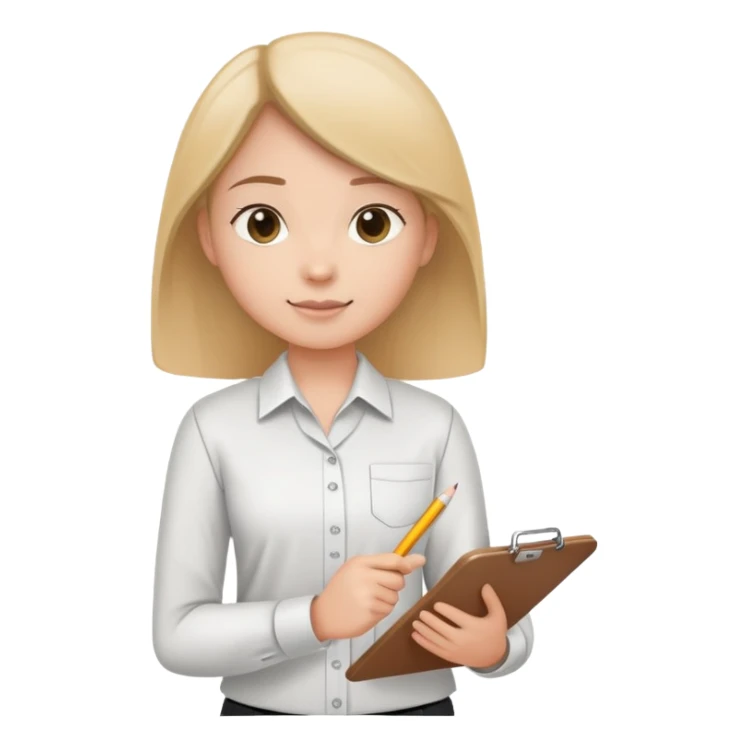 intern or volunteer holding a clipboard and pencil, ready to take notes or assist. The character wears a simple shirt and has an eager posture sticker