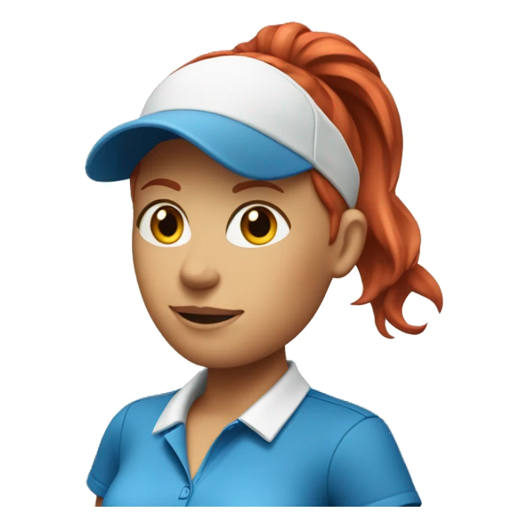 a female golf coach with red hair, blue shirt sticker