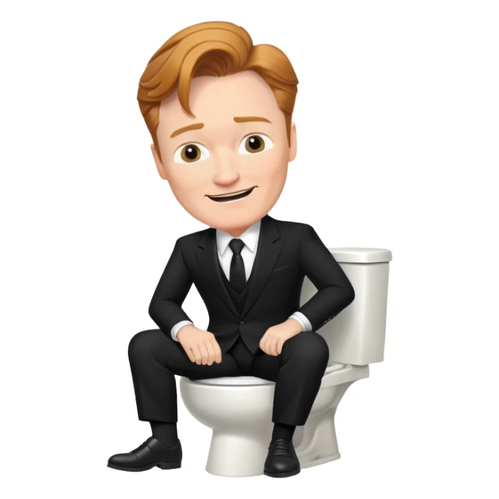 happy conan obrien in a black suit sitting on a toilet sticker