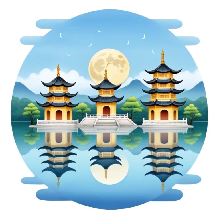 Three Pools Mirroring the Moon, West Lake Hangzhou, simplified emoji style, three small pagodas on water with moon reflection, cute cartoon style sticker