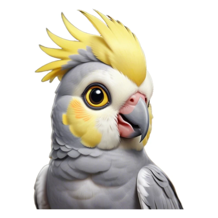 Cinematic Cute Cockatiel Portrait Emoji, Head tilted playfully and inquisitively, featuring a smooth grey fur with bright yellow accents and a perky crest, round, sparkling dark eyes filled with curiosity, Simplified yet irresistibly adorable features, highly detailed, glowing with a warm, friendly glow, high shine, affectionate and lively, stylized with a touch of whimsy, bright and endearing, soft glowing outline, capturing the essence of a mischievous yet loving cockatiel, so playful it feels like it could chirp out of the screen and into your arms! sticker