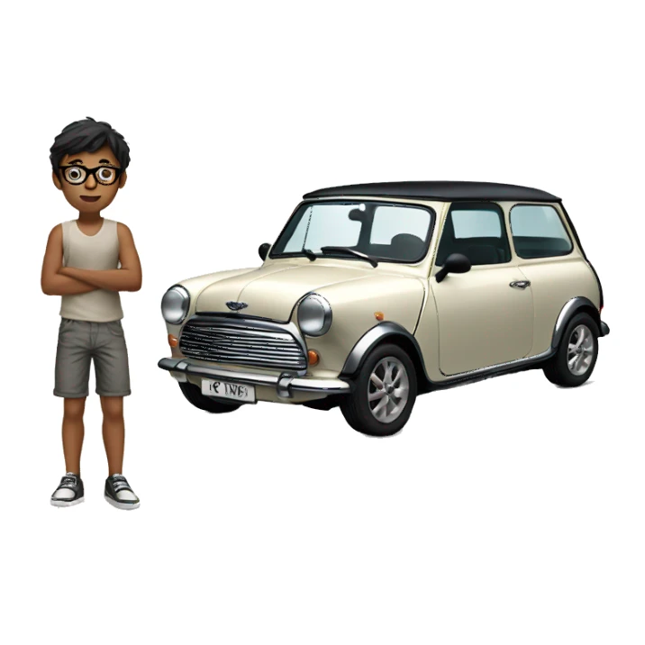 slender indian boy with glasses on shorts standing next to an old white mini cooper sticker