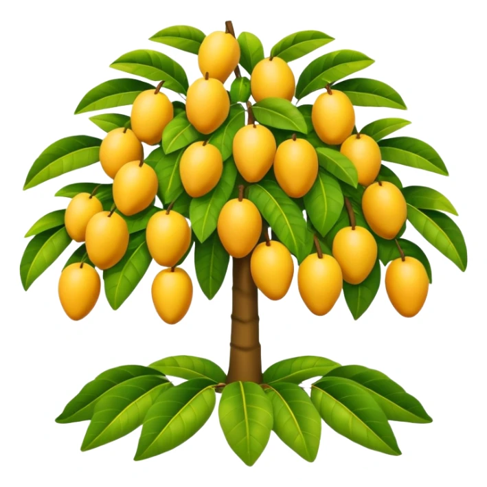 A 3D cartoon mango tree with golden-yellow mangoes visible among dense leaves, sunny atmosphere, Memoji-style rendering. sticker