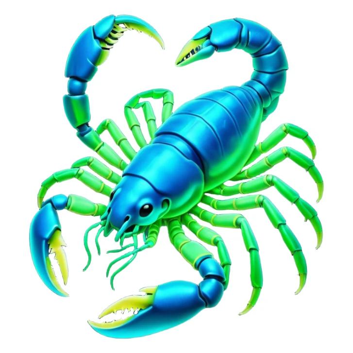 3D render of Radioactive Scorpion, bioluminescent deep sea style, glowing neon blue and green lights, dark background to contrast the glow, translucent organic textures. sticker