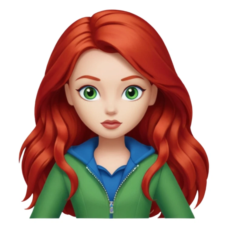 Bratz Meygan red long hair blue eyes, green outfit sticker