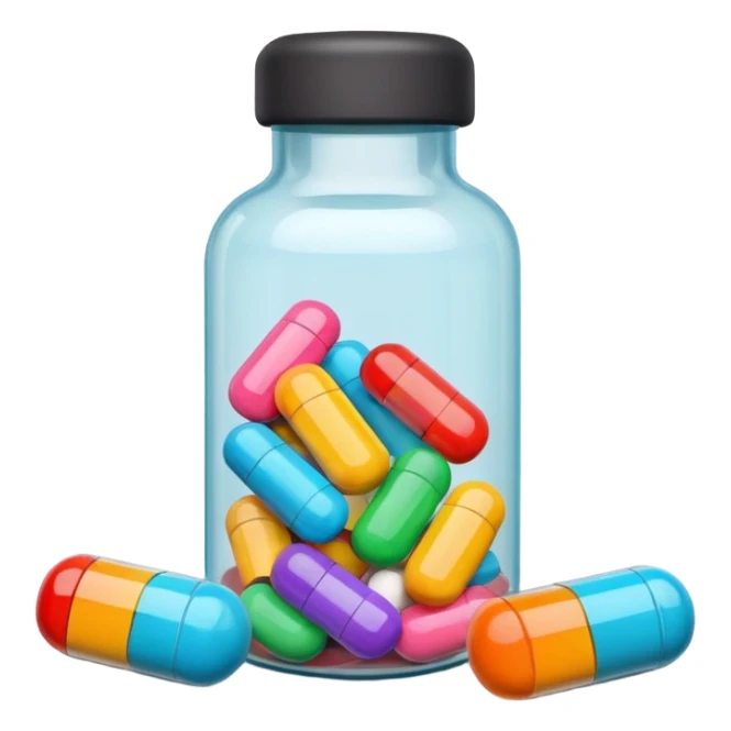 pills in bottle, 3d cartoon style, memoji style. sticker
