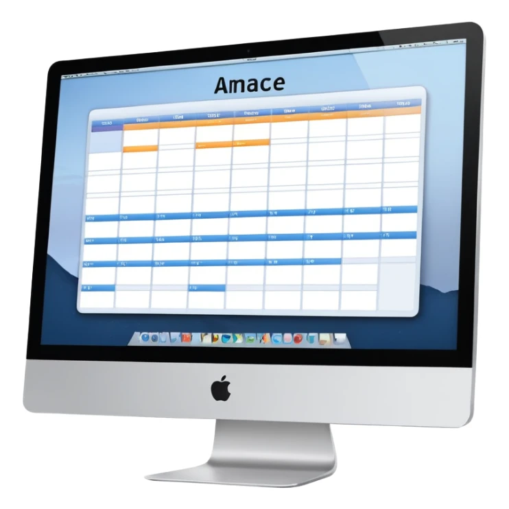 front-facing iMac showing a day schedule with vertical hours (9am, 10am, 11am) and horizontal client slots, some slots clearly booked sticker