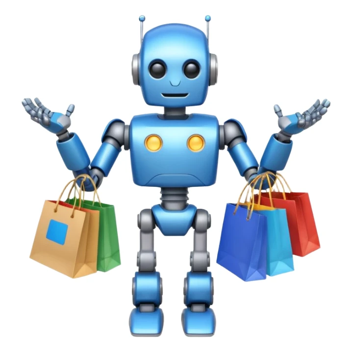 black friday robot with blue and metalic colours with bags in his hands  sticker