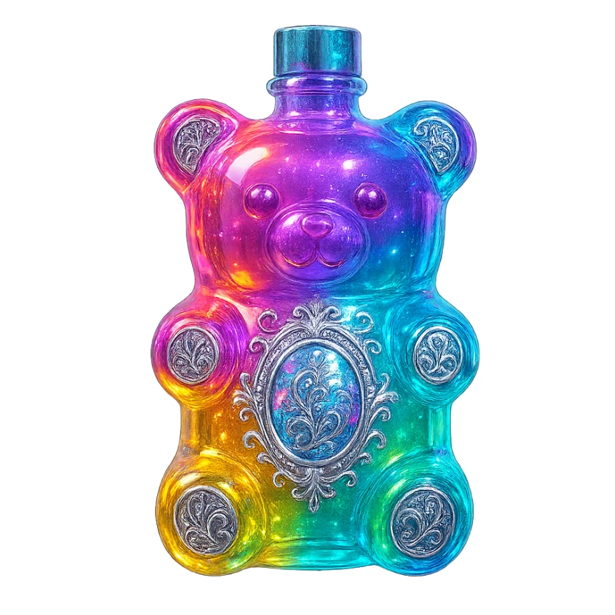 modernus prabangus eliksyro buteliukas, guminuko meškiuko forma, ryški permatoma spalva, holografiniai ir sidabriniai ornamentai, stiprūs magiški švytėjimai ir efektai, labai mažas kaklelis, skaidrus fonas, vientisas dugnas, be šešėlio, plūduriuoja ore, kolekcijos stilius sticker