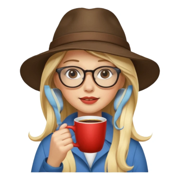 long hair blonde woman drink coffe with hat and glasses sticker