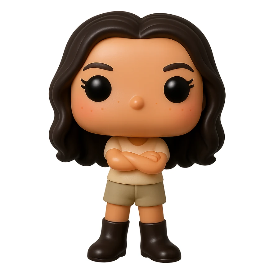 Edit the image into a Funko Pop style vinyl figure with superior quality: smooth tanned skin, detailed dark hair with subtle auburn highlights, textured clothing consisting of a cream top and greige bottoms, very dark leather boots, arms crossed, rosy cheeks, very discreet freckles, mischievous and cheerful expression, no mouth, transparent background. sticker