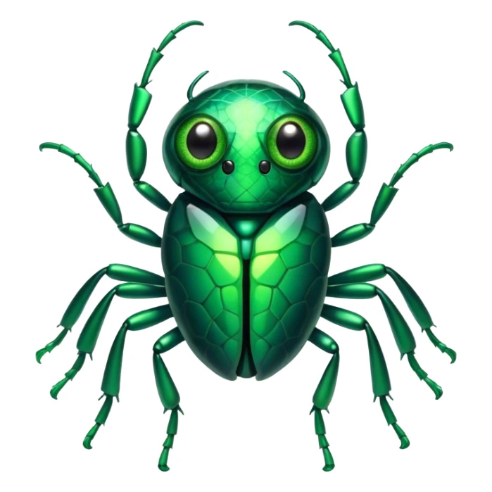 Cinematic Cute Green Bugdie Portrait Emoji, Head tilted playfully and inquisitively, featuring a glossy, vibrant emerald exoskeleton with intricate patterns, round, sparkling multifaceted eyes filled with curiosity, Simplified yet irresistibly adorable features, highly detailed, glowing with a warm, friendly glow, high shine, affectionate and lively, stylized with a touch of whimsy, bright and endearing, soft glowing outline, capturing the essence of a mischievous yet charming bug, so playful it feels like it could buzz out of the screen and into your arms! sticker