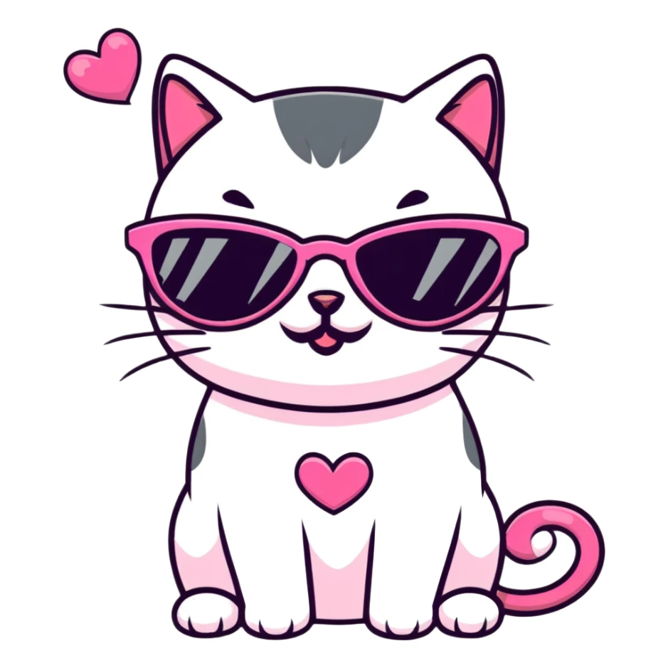 cat with pink heart sunglasses, pink moustache, and pink bow sticker