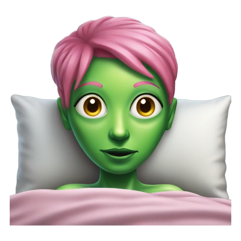 a green alien woman pink air, laying on the bed sticker