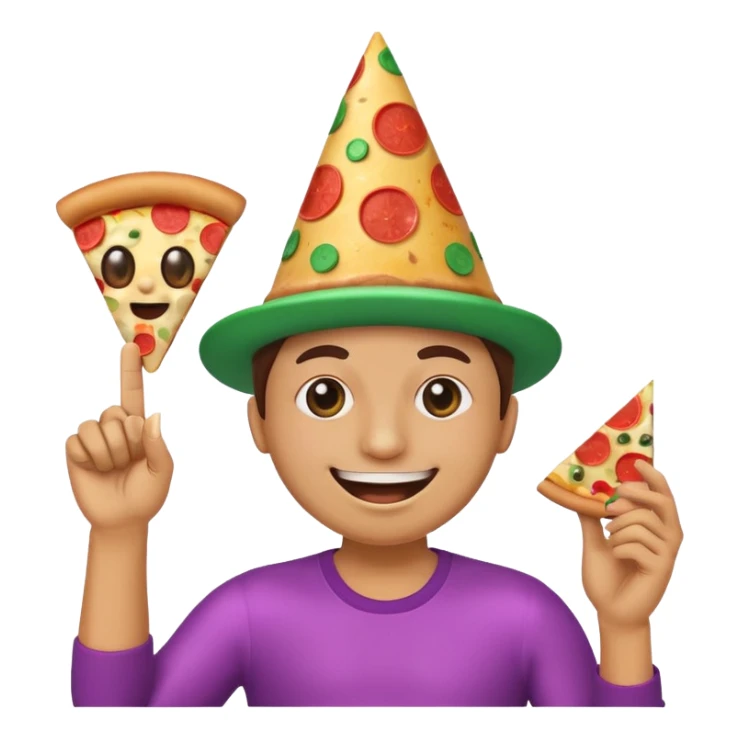 funny emoji called 'party Overload': laughing face with disco ball eyes, tilted party hat, making a finger gun with one hand, holding pizza in the other sticker