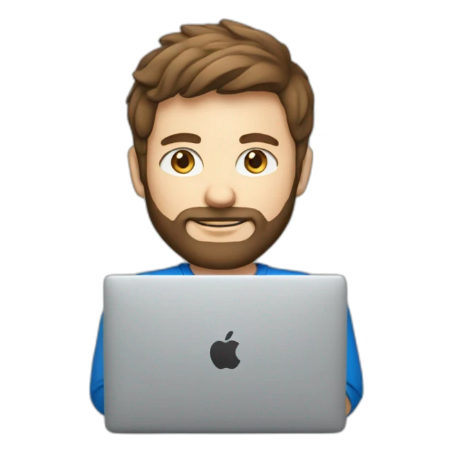 man with brown hair and blue eyes, a fine beard, wearing a f1-shirt working with a macbook sticker