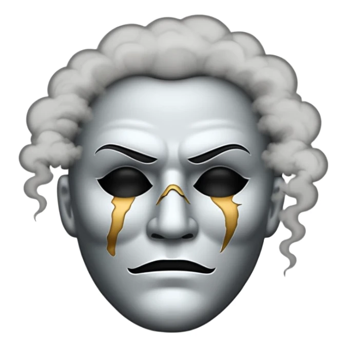 Minimalist emoji-style sticker of a cracked actor’s mask with empty eyes and faint smoke rising, grayscale with dusty shadows sticker