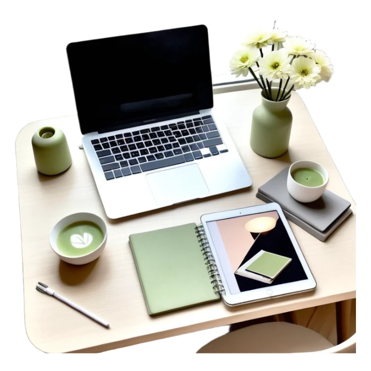 seeing a working from home desk from above with a macbook computer, fashion/interior magazines, flowers in a little vase, louis poulsen portable lamp with a dimmed cozy light and a iced matcha. very scandinavian aesthetic sticker