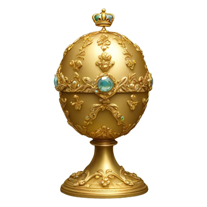golden Faberge egg on short pedestal wearing a crown sticker
