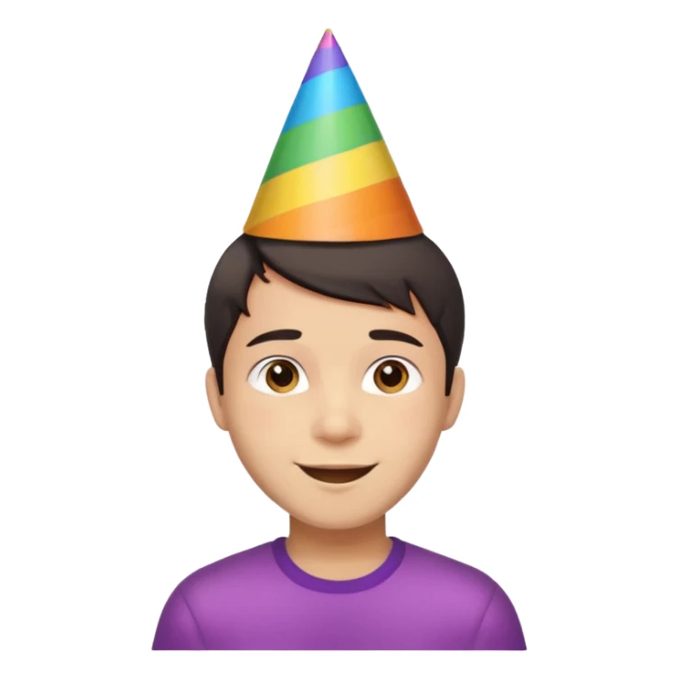Young man, short hair, rainbow birthday party hat, cheerful expression sticker