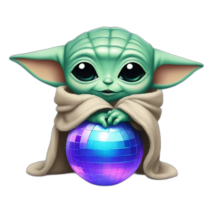Baby yoda hugging a blue and purple disco ball sticker