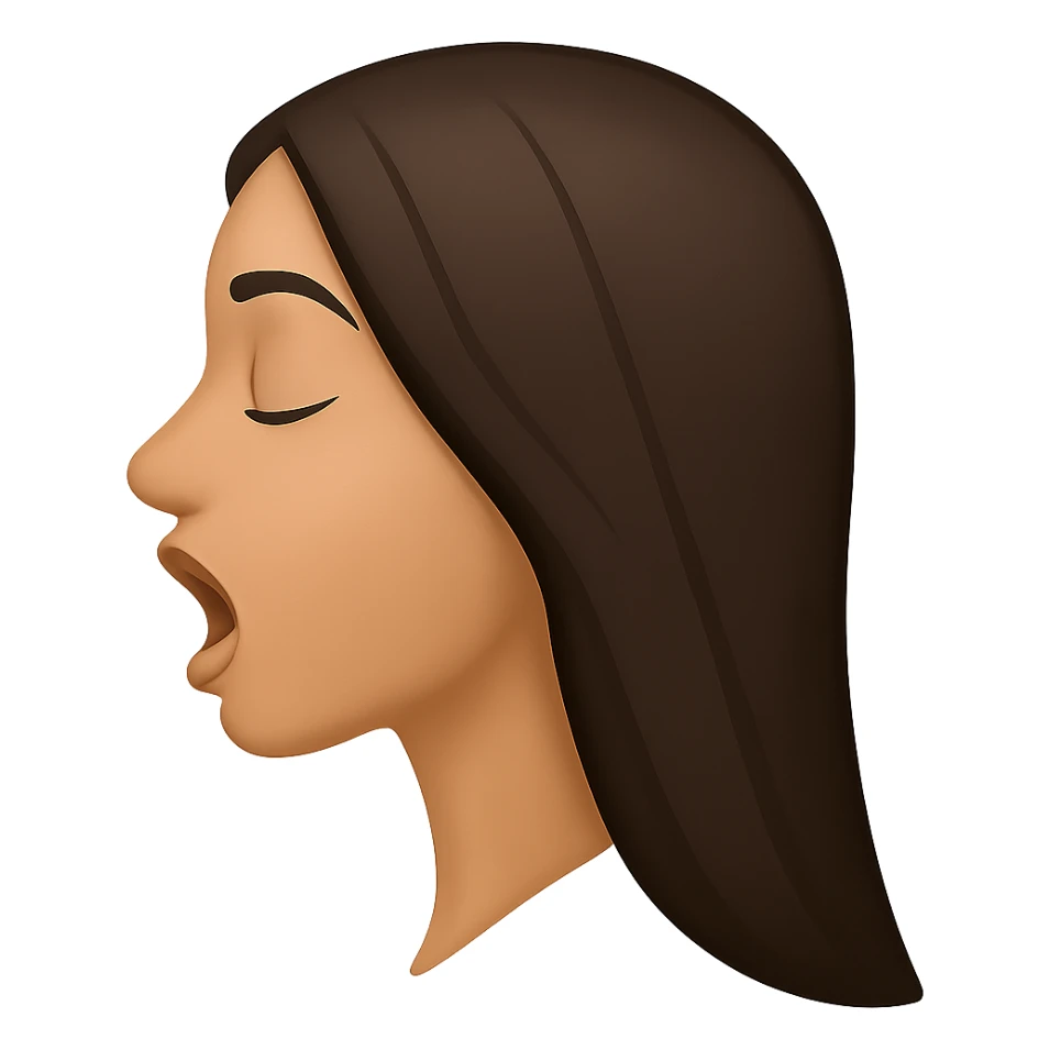 Create a side view (profile) of this woman's head in the normal iPhone emoji style, with closed eyes and an open mouth, smooth shading, no outlines, and long dark hair. Variant 2. The style should replicate the smooth shading and no outlines typical of the iPhone emoji style. sticker