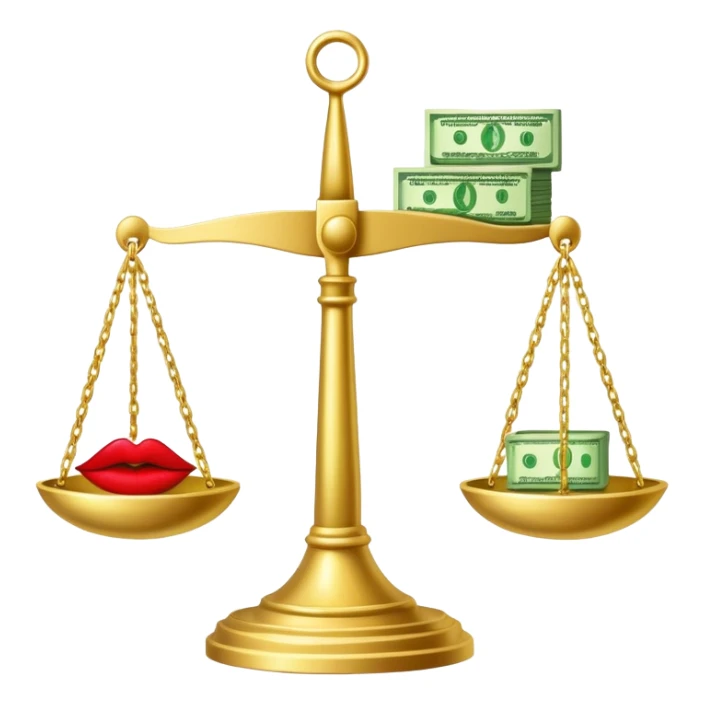 gold scale with green dollar bills on left side and lipstick and nail polish on right side sticker
