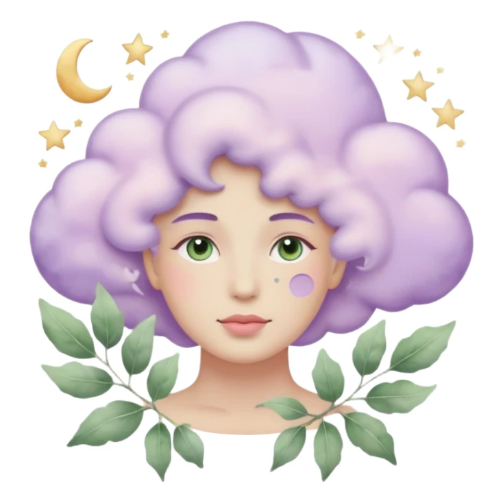 watercolor-style emoji of a human head silhouette with “AI” inside a lilac cloud, connected to a soft circuit shape. gentle pastel palette (sage green, blush, lilac), surrounded by leaves, moon, and stars — poetic and calm aesthetic. sticker