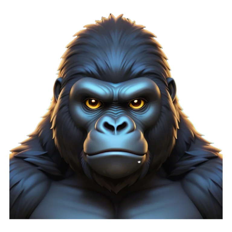 Cinematic Noble Gorilla Portrait Emoji, Poised and commanding, with a massive, muscular build cloaked in dense, rich fur and deep, soulful eyes, Simplified yet sharp and sophisticated features, highly detailed, glowing with a soft, dignified jungle glow, high shine, intelligent and formidable, stylized with an air of primate majesty, focused and authoritative, soft glowing outline, capturing the essence of a watchful guardian that feels as though it could step out of the screen with effortless authority! sticker
