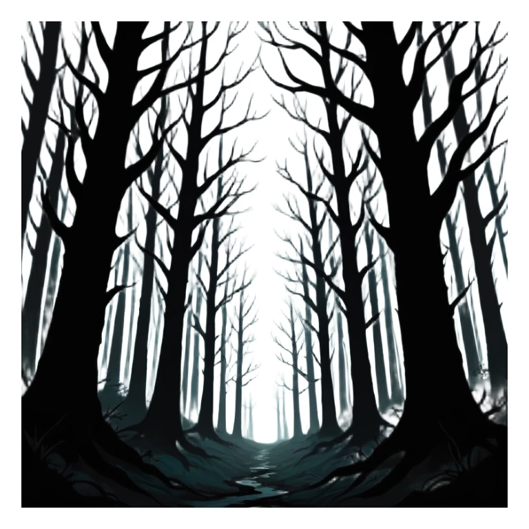 dark forest scene, the entire world covered in darkness. The sky is deep black with no stars or light, no moon, no glow just total void and silence. The atmosphere feels ominous and unsettling, as if darkness has swallowed everything. No characters, no visible light sources sticker