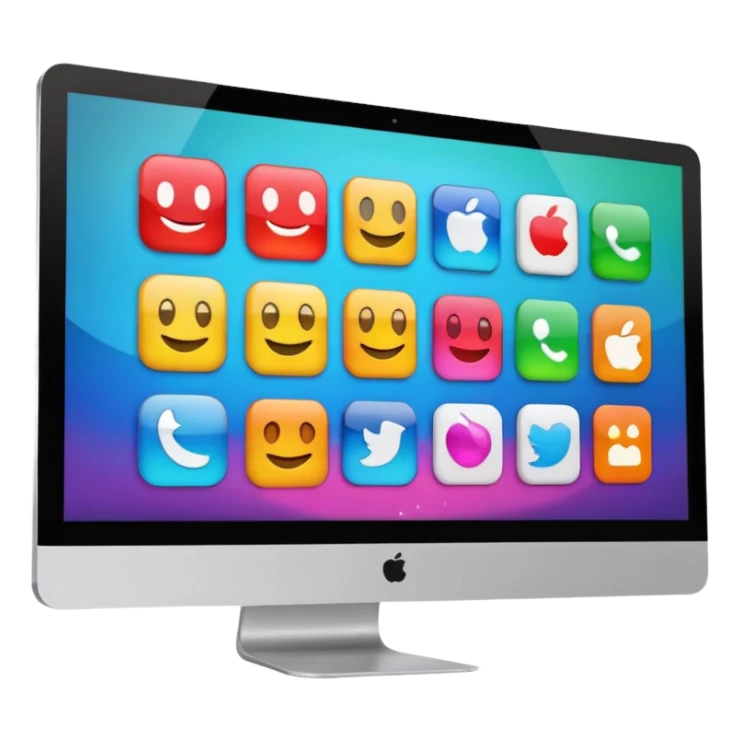 Emoji style simplified iMac screen displaying app icons in grid sticker