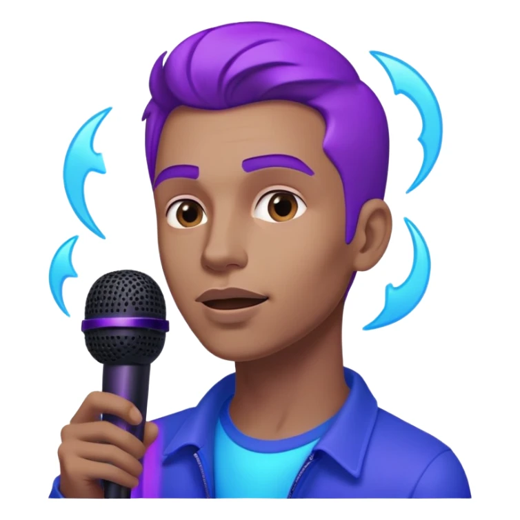 man speaking into a microphone, with neon glow effect, blue neon glow on top left, purple neon glow on bottom right sticker
