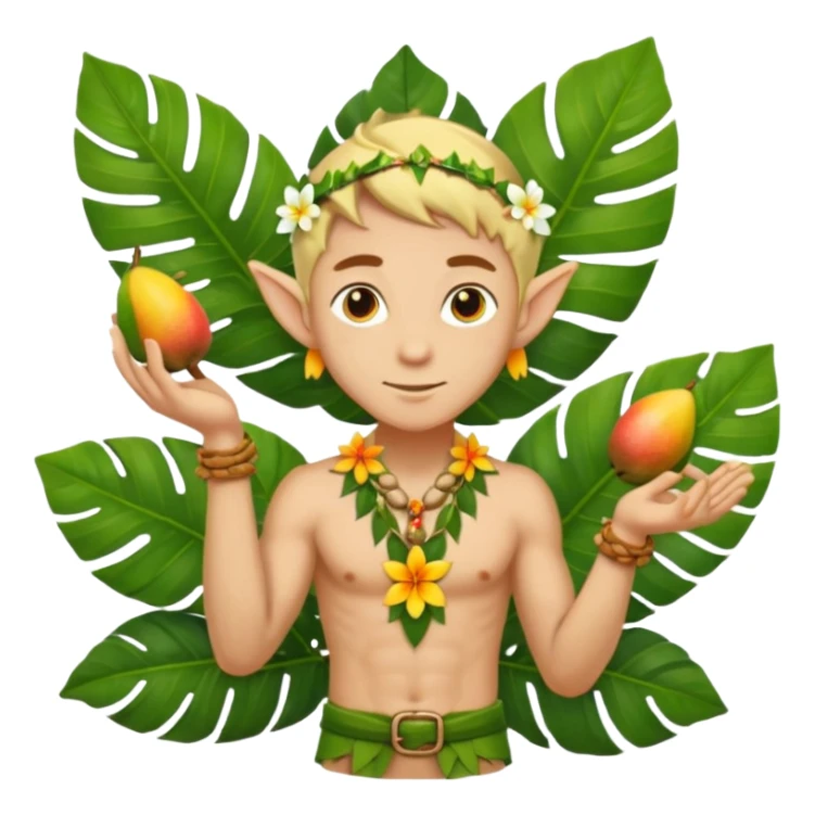 male elf in open palm-leaf shirt, offering mango. Flower necklace, sandals sticker